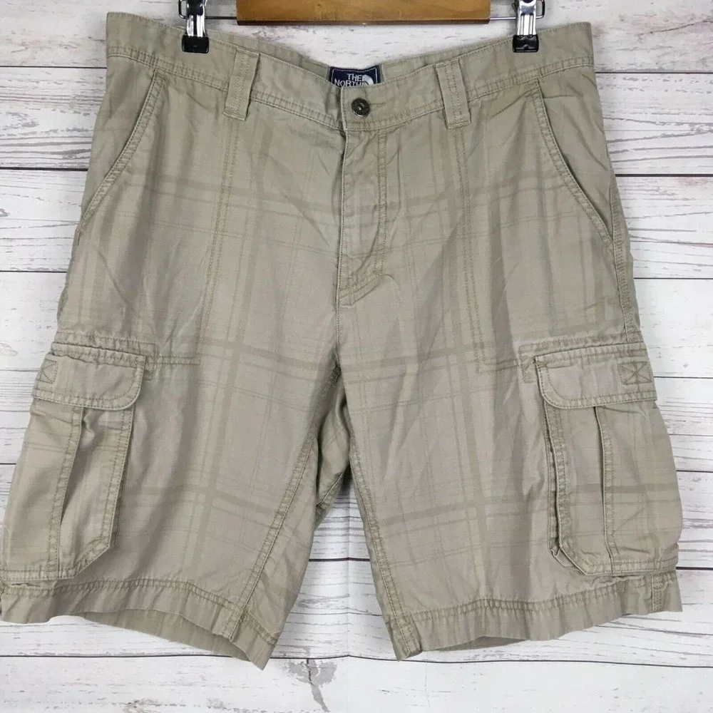 North Face Mens 36‎ Tan Plaid Cargo Shorts Cotton Blend Gusset Crotch